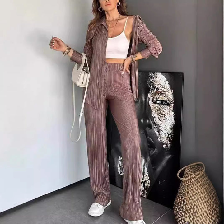 Damer Elegant Plisseret Bukser med Matchende Bluse Stilla
