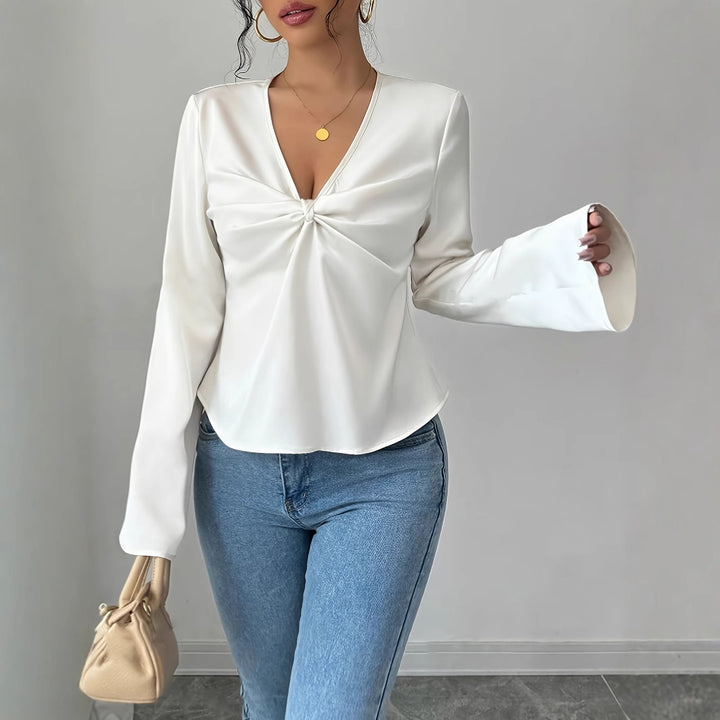 Dame Elegant V-Udskæring Rynket Bluse Stilla