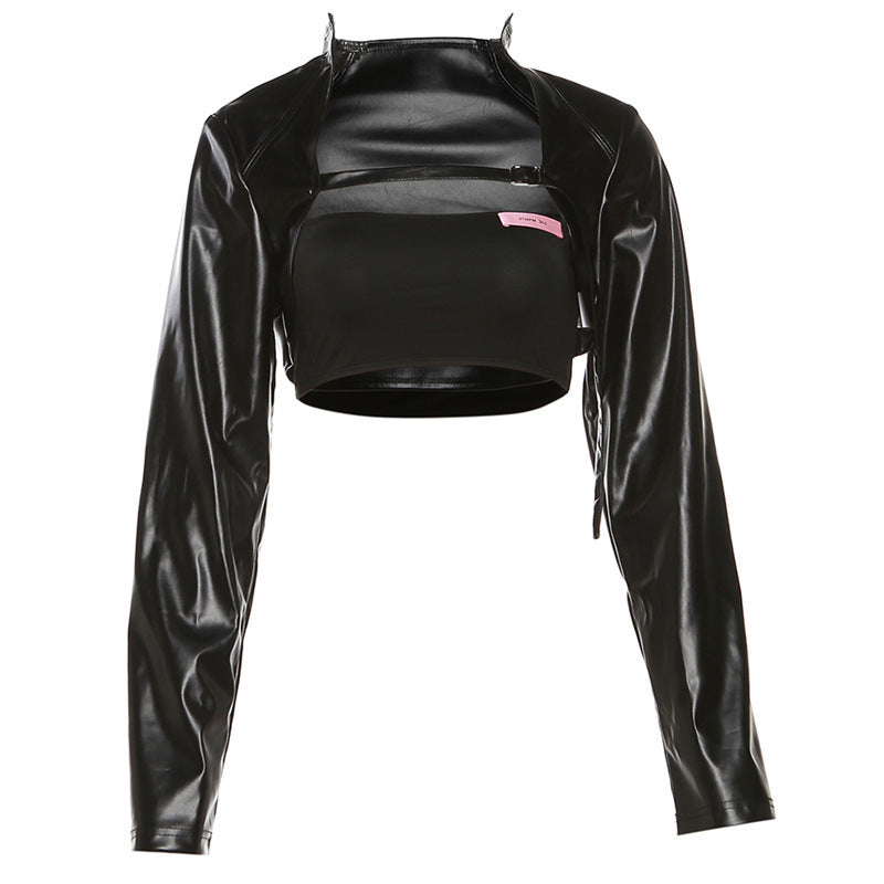 Dame cropped longsleeve top med innovativ læderlook og raffinerede ærmer Stilla