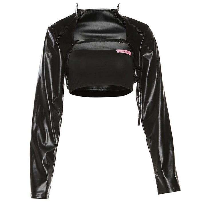 Dame cropped longsleeve top med innovativ læderlook og raffinerede ærmer Stilla