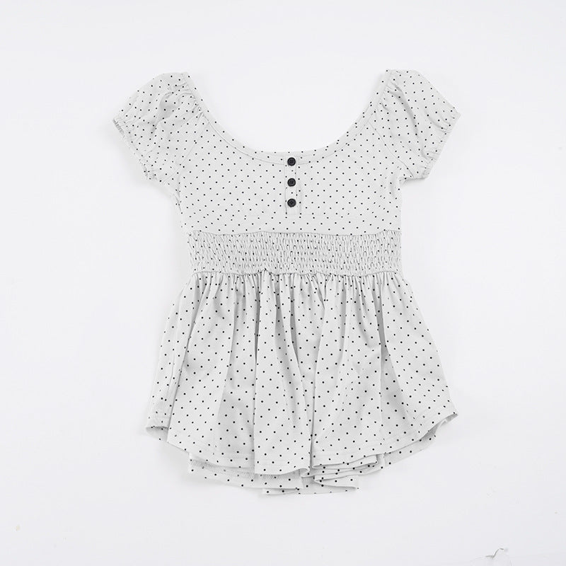 Dame Legende Polka Dots Top med Rynker og Knaplukning Skovae