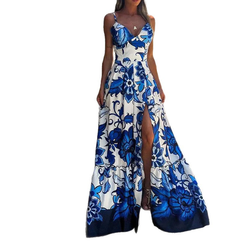 Damer maxi kjole med dyb V-hals og blomsterdesign Stilla