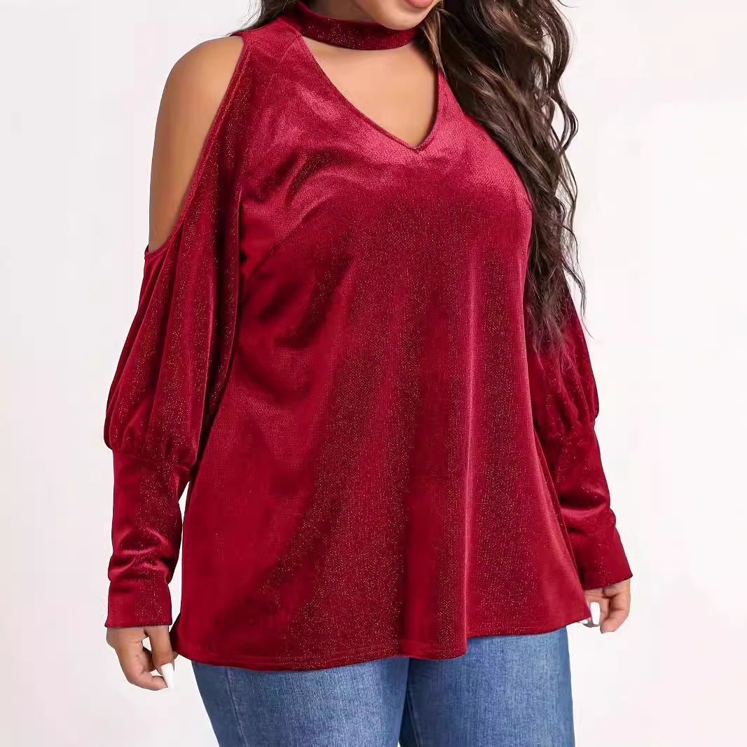 Dame elegant V-hals top med cut-out ærmer og glinsende materiale Stilla
