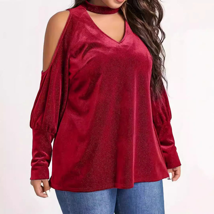 Dame elegant V-hals top med cut-out ærmer og glinsende materiale Stilla