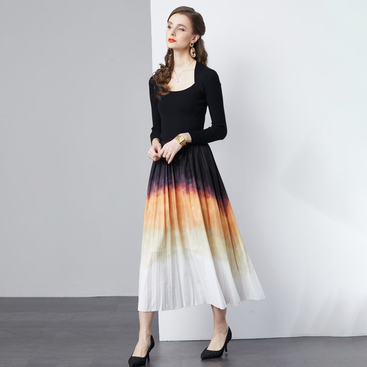 Dame Plisseret Maxikjole med farvegradient Skirt og elegant V-udskæring Stilla