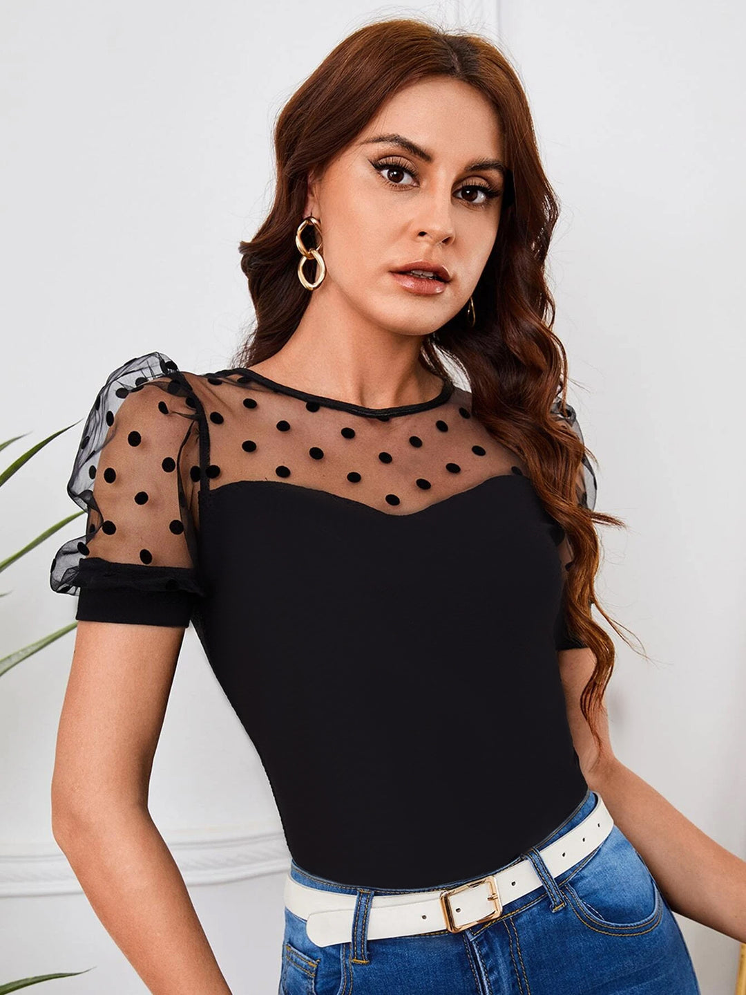 Damer Elegant top med transparente kugleærmer og prikker Stilla