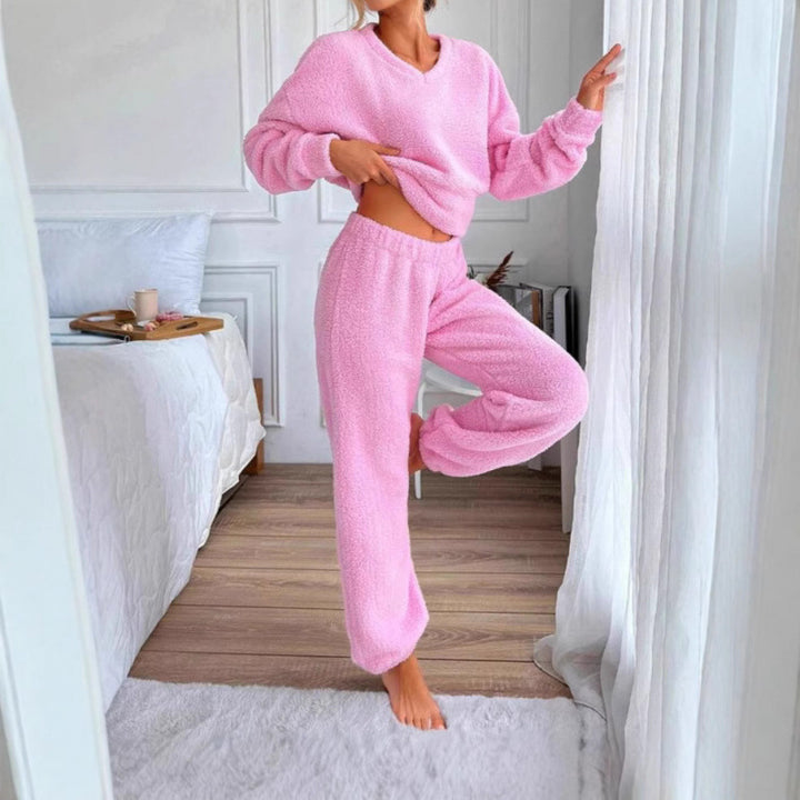 Dame hyggeligt fleece-lounge-sæt med elastisk talje Stilla