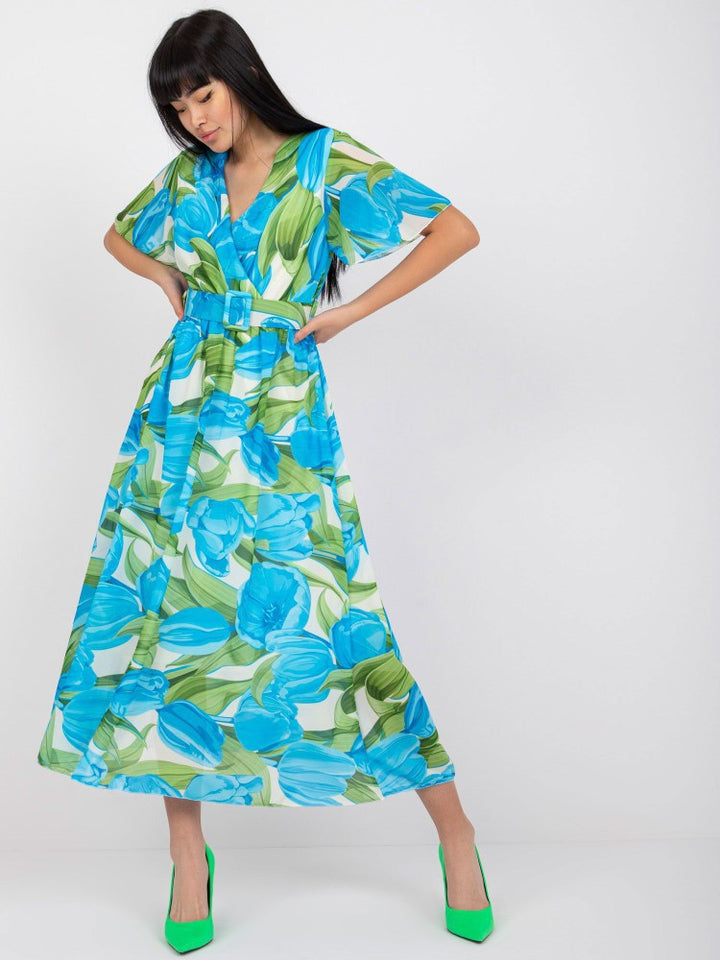 Dame Floralprint Midi Kjole med Bælte Talje Stilla