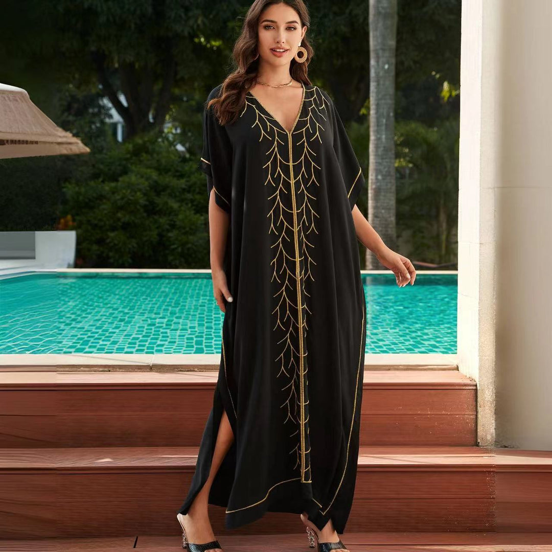 Dame Kaftan kjole med elegant gyldent mønster og sidelunger Stilla