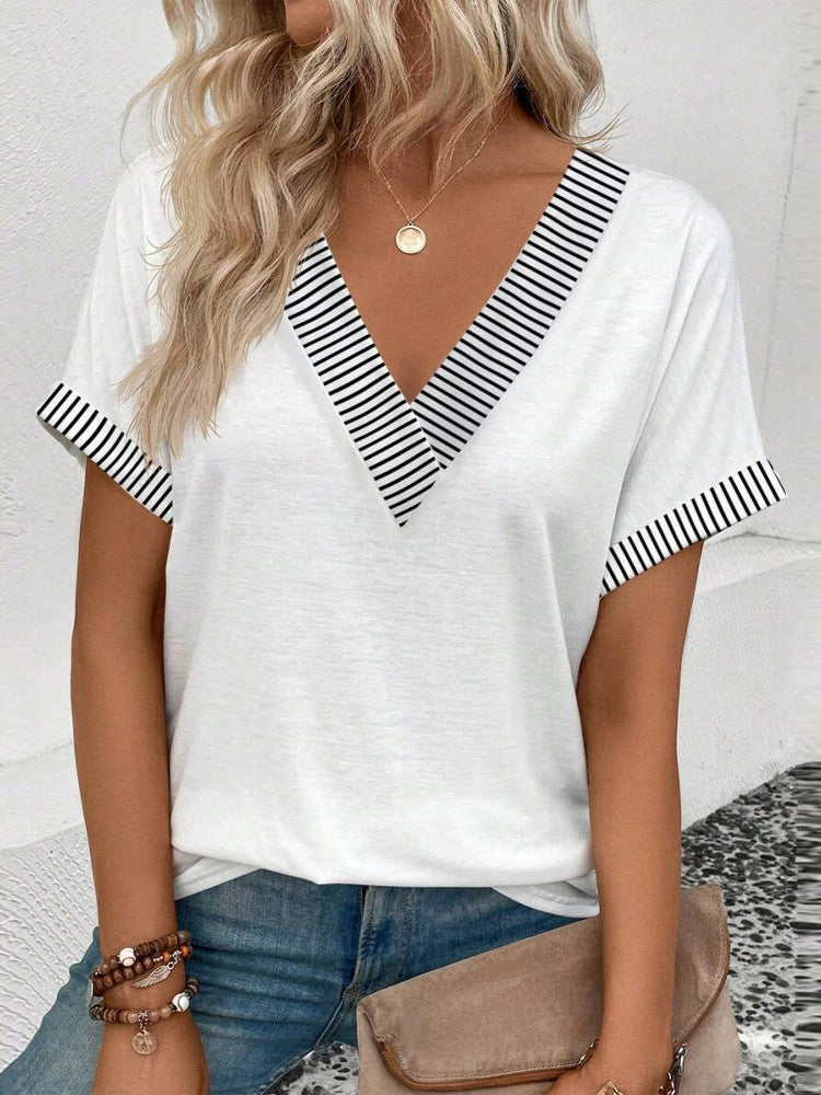 Dame V-hals T-shirt med stribede detaljer Stilla