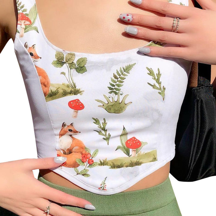Dame Crop Top med kunstnerisk flora-design og justerbare stropper Skovae