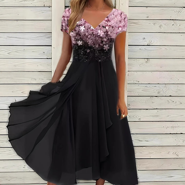 Dame elegant plisseret kjole med floral overdel og V-udskæring Stilla