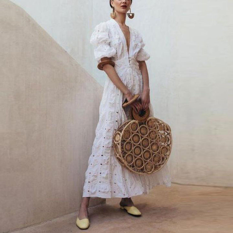 Dame elegant maxikjole med voluminøse ærmer og lagdelt design Stilla