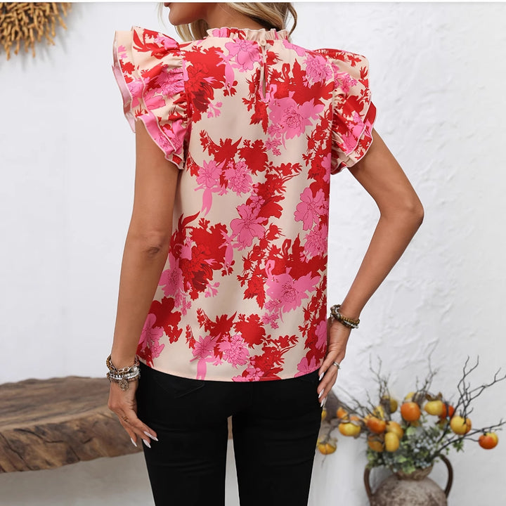 Dame Floral-mønster Bluse med Puffærmer Stilla