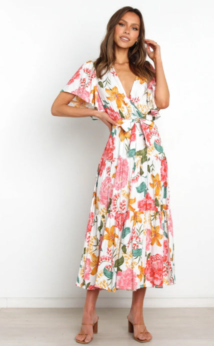 Dame Floral Rynket Holding Maxi Kjole Stilla