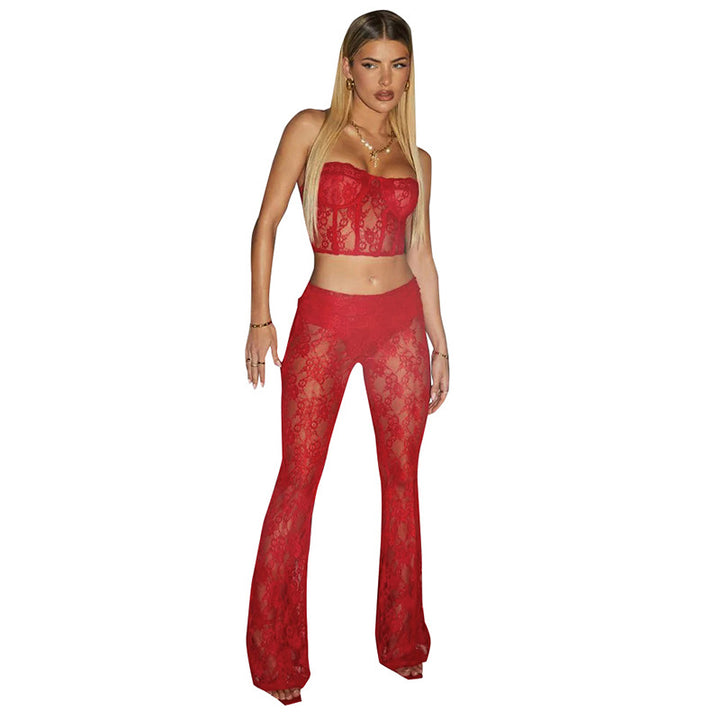 Dame spids-crop-top og afslappede flare-bukser sæt Stilla