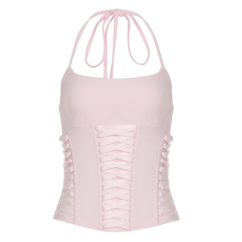 Damen Cropped Oberteil mit dekorativem Bindeband und raffinierten Rüschendetails Skovae