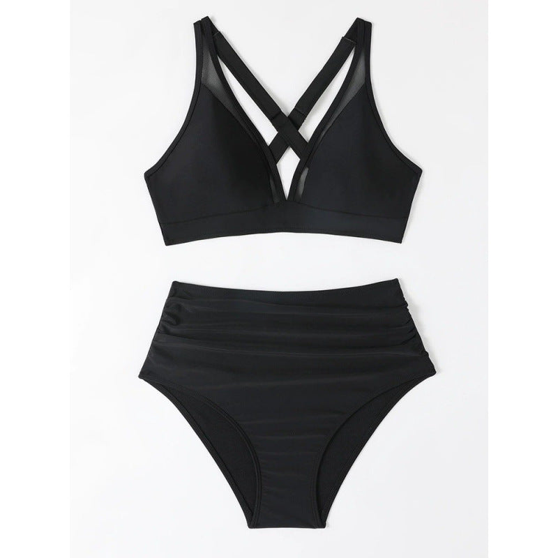 Dame bikini-sæt med højt skåret trusser og moderne kryds-rem-design Skovae