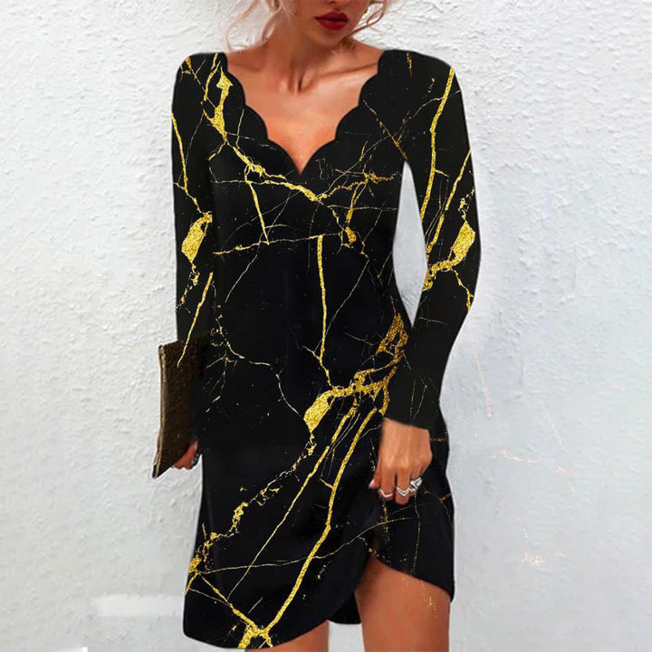 Stilla | Chic Printed Wave V-hals Langærmet Kjole