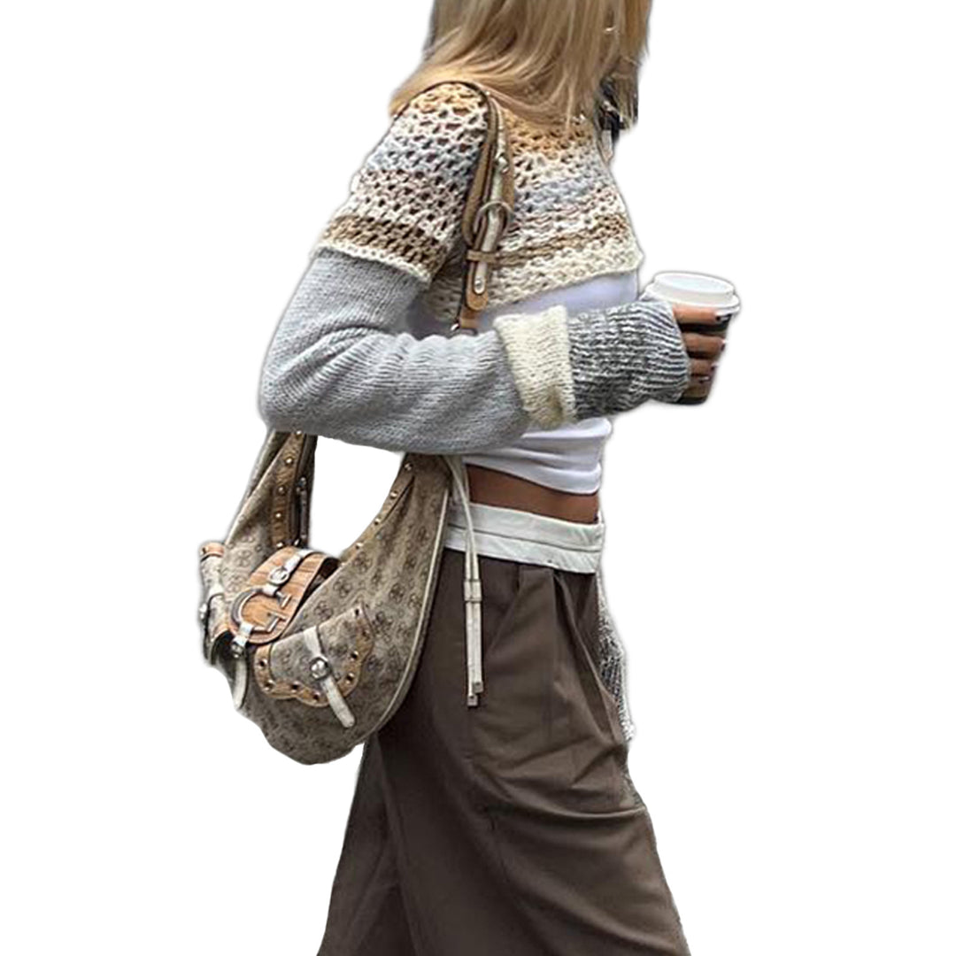 Dame hæklede crop-top med lange ærmer og farverige striber Skovae