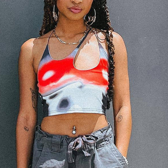 Dame Crop-Top med asymmetrisk stropdesign og livlig grafiktryk Skovae