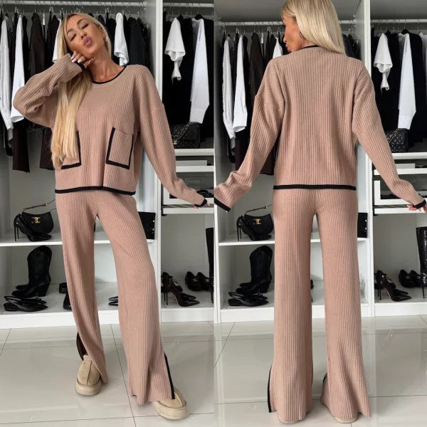 Dame Strik-Loungewear-Sæt med kontrasterende lommer og løs pasform Stilla