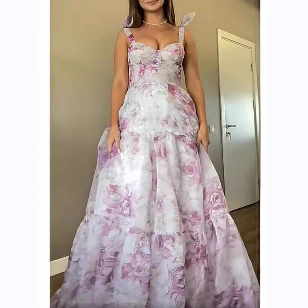 Dame Maxikjole med romantiske blomsterapplikationer og skulderfri design Stilla