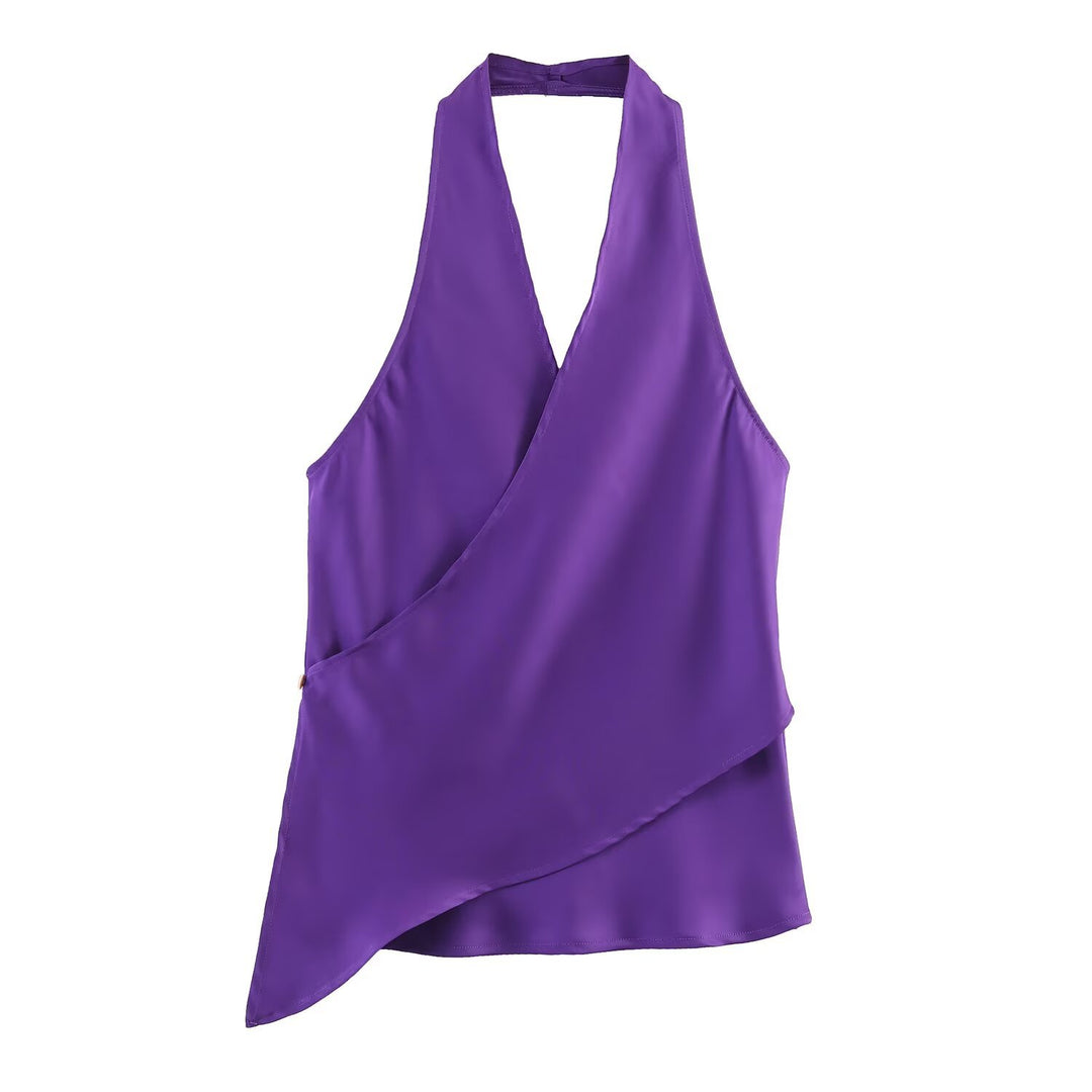 Damer elegant haltertop med asymmetrisk snit og skinnende satin finish Skovae