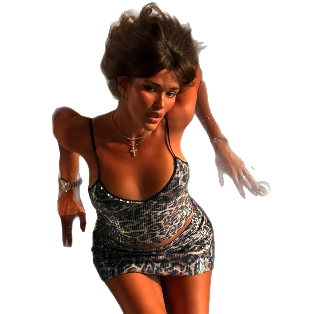 Dame Crop-Top og Minirok sæt med leopardmønster og glitrende detaljer Skovae
