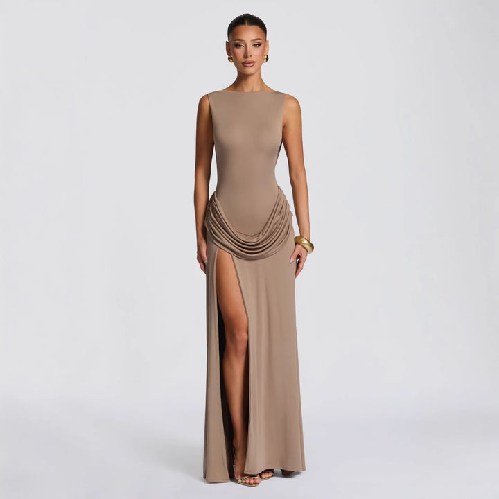 Dame elegant wrap maxikjole med asymmetrisk flæsedesign og sexy slids Skovae