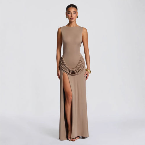 Dame elegant wrap maxikjole med asymmetrisk flæsedesign og sexy slids Skovae
