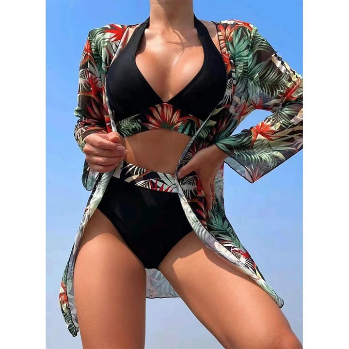 Dame Strandset med blomster Kimono og High-Waist Bikini Stilla