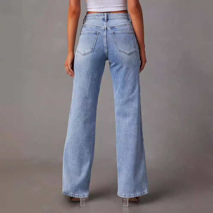 Dame bred denim jeans med høj talje og moderne syninger Stilla