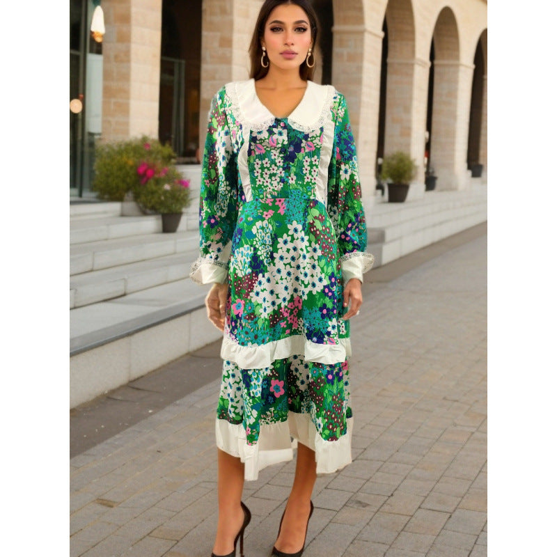 Dame Vintage Floral Patchwork Midi Kjole med Flæse Detaljer Stilla