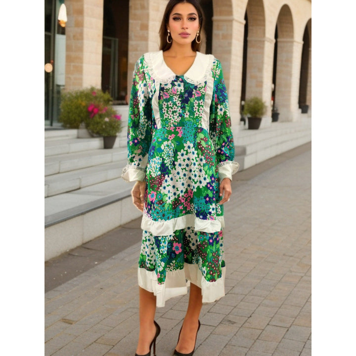Dame Vintage Floral Patchwork Midi Kjole med Flæse Detaljer Stilla