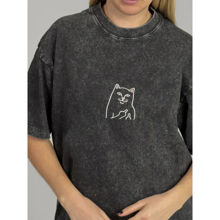 Dame T-shirt med kunstnerisk kattemotiv og afslappet oversized pasform Stilla
