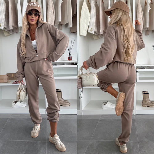 Kvindernes stilfulde fleece loungewear sæt med halv lynlås Skovae
