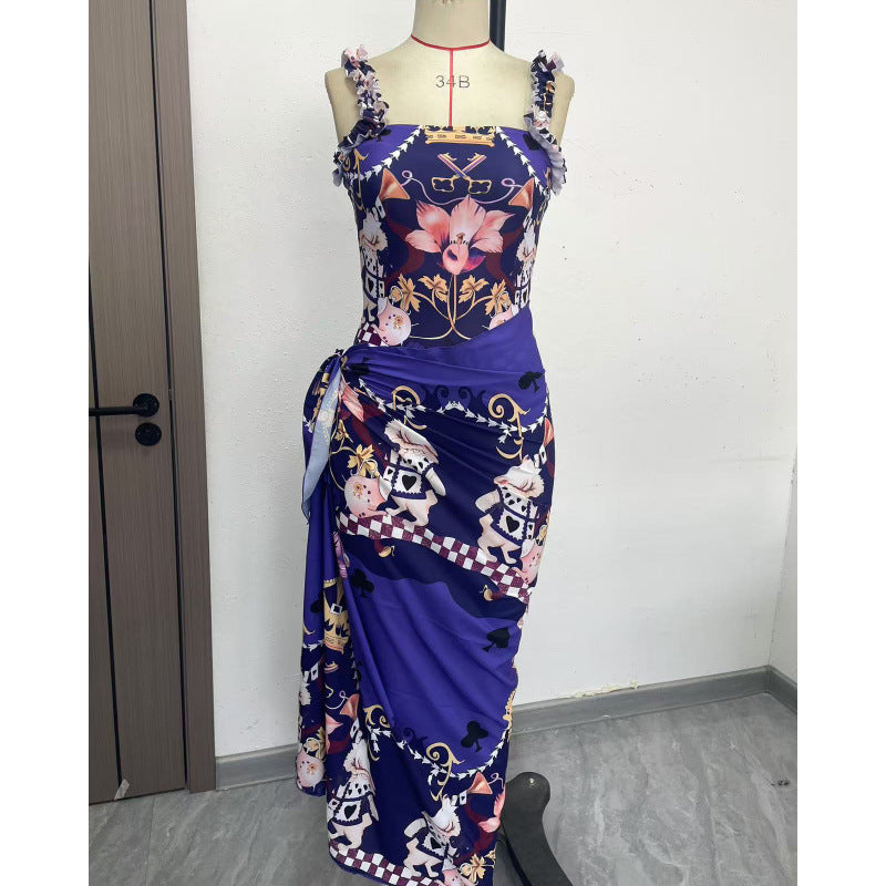 Dame one-piece bikini med legende blomsterdesign og matchende strandkjole Skovae