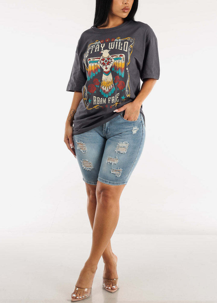 Dame Ripped Denim Shorts med justerbar talje og stilfulde dekorative lapper Stilla
