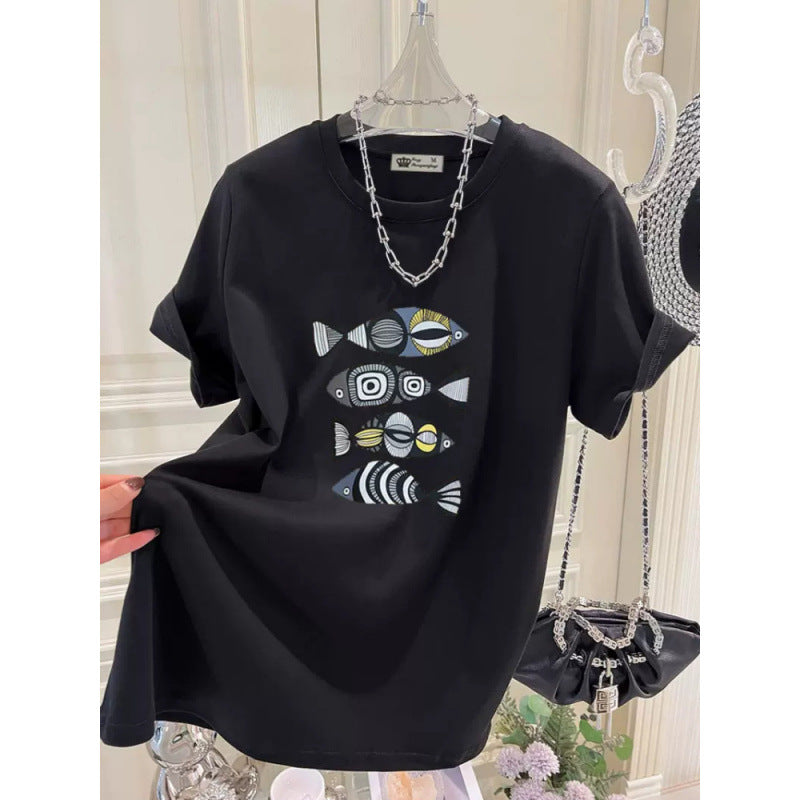 Dame T-Shirt med kreativt fiske motiv og afslappet pasform Stilla