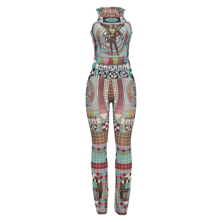 Dame Sportslig Jumpsuit med grafisk mønster og høj krave Stilla
