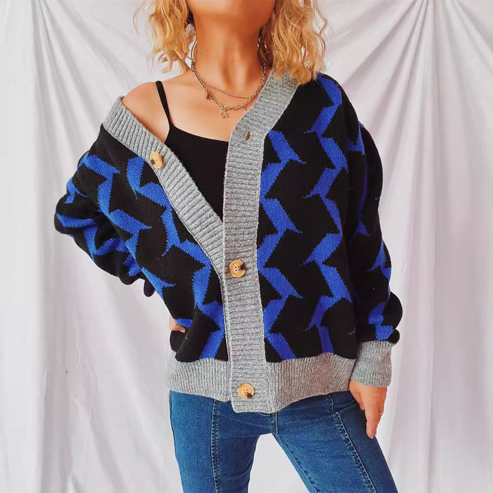 Kvinders cardigan med moderne geometrisk mønster og elegante knapdetaljer Stilla