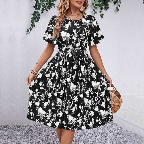 Dame Floral Print Bindebælte Midi Kjole Stilla