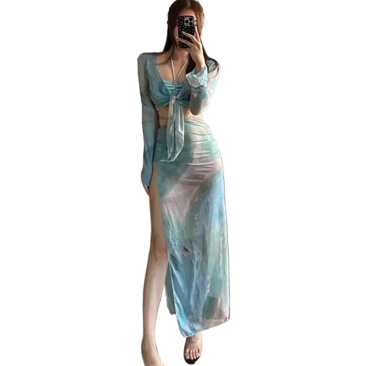 Femme Gennemsigtigt Slips-Front Crop Top og Maxi Nederdel Sæt Stilla