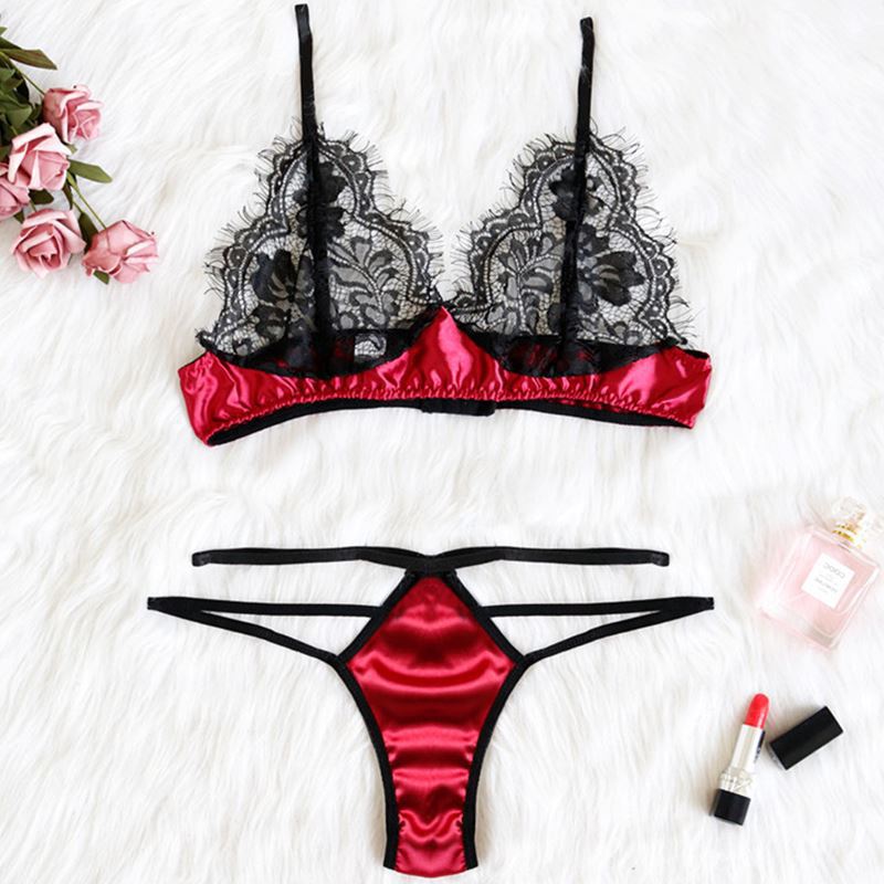 Dame Spids- og Satin-Bralette- og String-Sæt Stilla