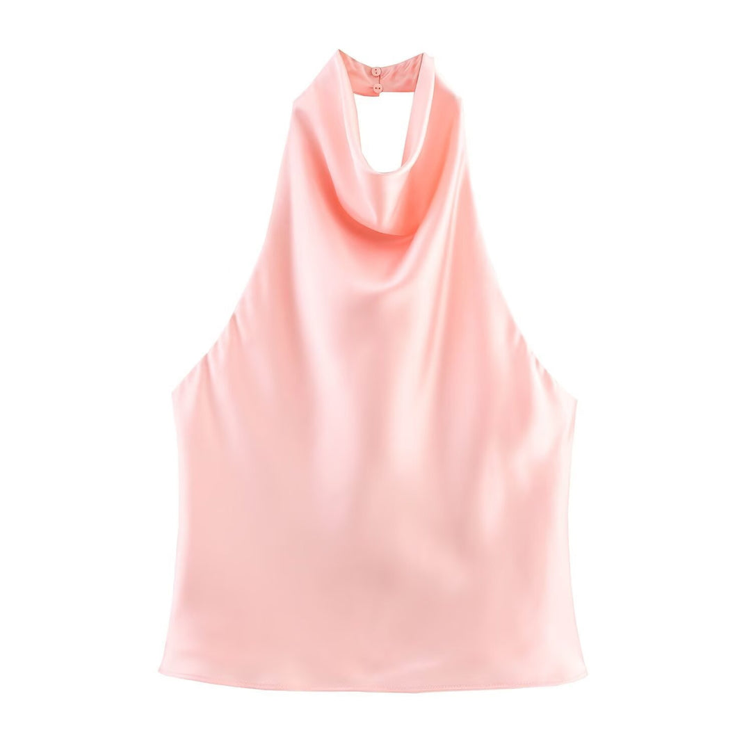 Dame elegant halterneck top med flydende snit og dekorative detaljer Skovae