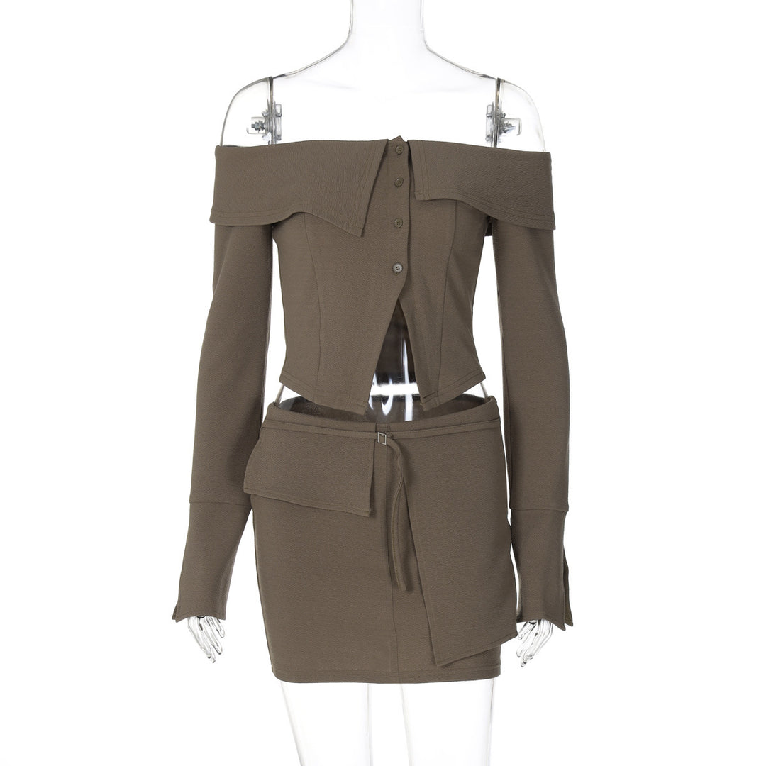 Dame Off-Shoulder Top med knælang nederdel og elegante knapdetaljer Stilla