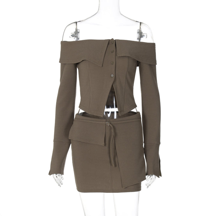 Dame Off-Shoulder Top med knælang nederdel og elegante knapdetaljer Stilla