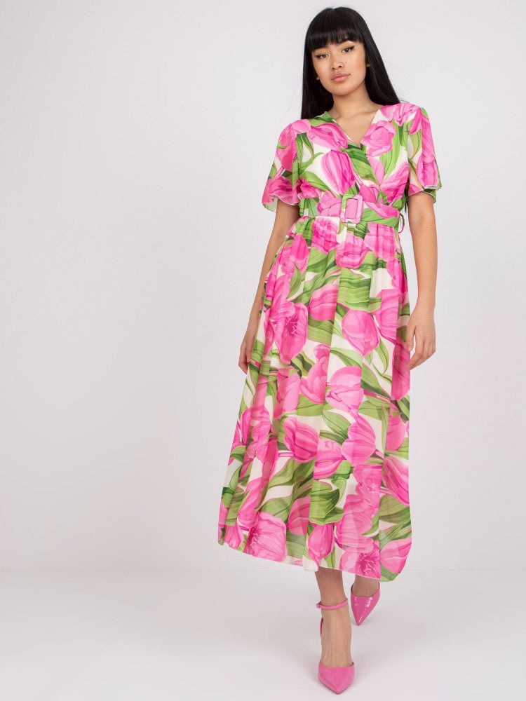 Dame Floralprint Midi Kjole med Bælte Talje Stilla