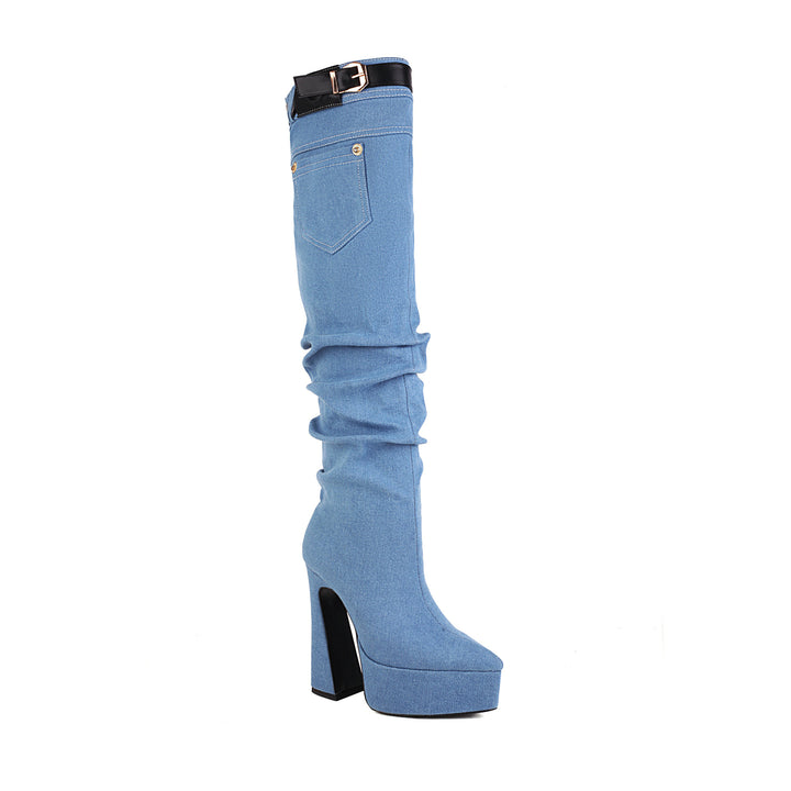 Femme Denim Over-knæ Platform Stiletto Støvler med Bælte-design Stilla